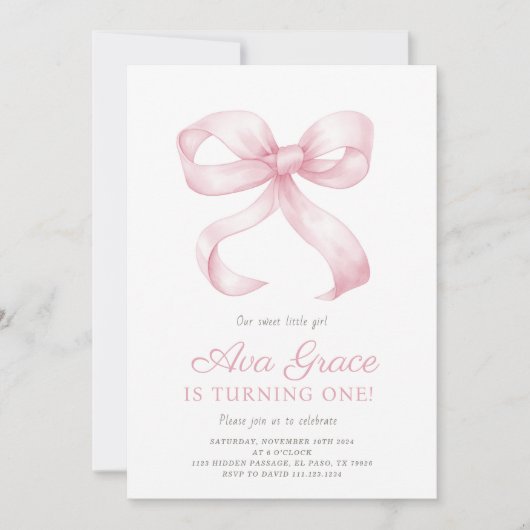Roze Bow Verjaardag Meisje Uitnodiging (Voorkant)