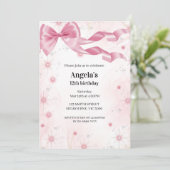 Roze Bow Verjaardag Meisjes Uitnodiging (Staand voorkant)