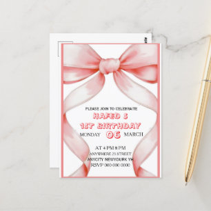 Roze Bow Verjaardag Uitnodiging, Meisje Roze Verja Briefkaart