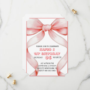 Roze Bow Verjaardag Uitnodiging, Meisje Roze Verja Save The Date