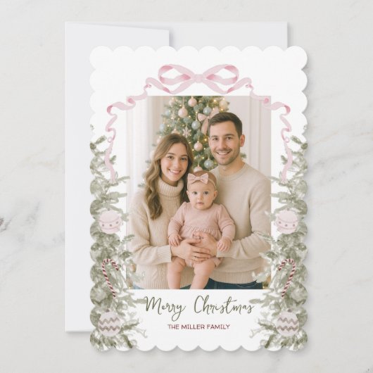 Roze Bow Vier Foto Kerstmis Feestdagenkaart (Voorkant)