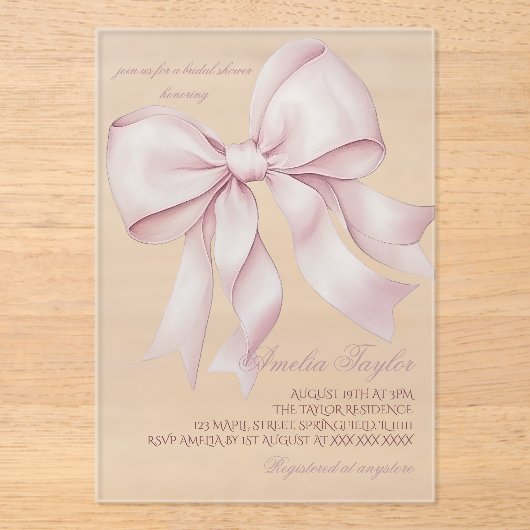 Roze Bow Vrijgezellenfeest Acryl Uitnodigingen (Voorkant)