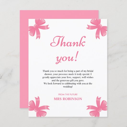 Roze Bow Vrijgezellenfeest Dank u kaart (Voorkant / Achterkant)