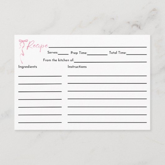 Roze Bow Vrijgezellenfeest Recept Kaart (Voorkant)