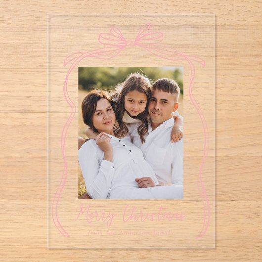 Roze Bow Vrolijke Kerstfoto Acryl Uitnodigingen (Voorkant)