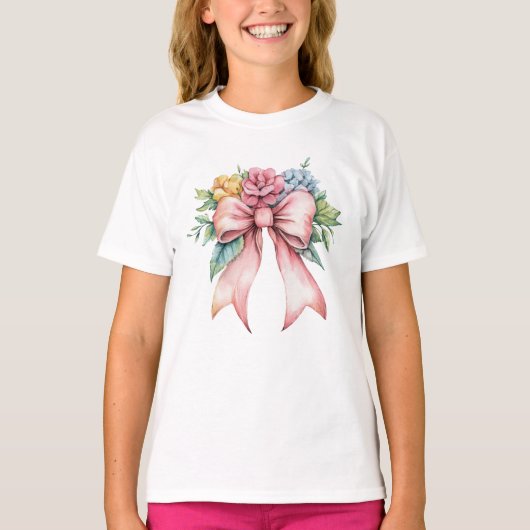 Roze Bow Waterverf Bloemen Bloemen Coquette Meisje T-shirt (Voorkant)