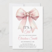 Roze Bow Waterverf Blush Roze Baby Meisje Douche Kaart (Voorkant)