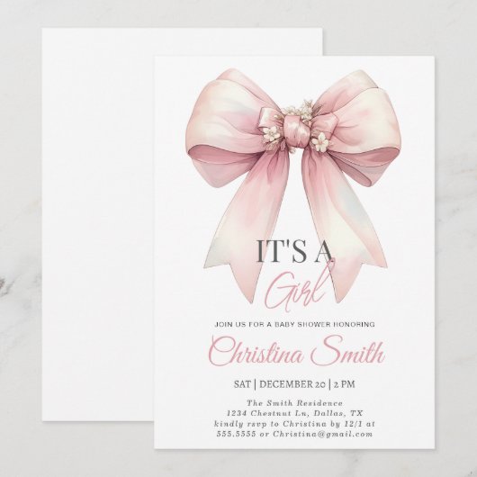 Roze Bow Waterverf Blush Roze Baby Meisje Douche Kaart (Voorkant / Achterkant)