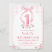 Roze Bow Waterverf Eerste Verjaardagsuitnodiging Kaart (Voorkant)
