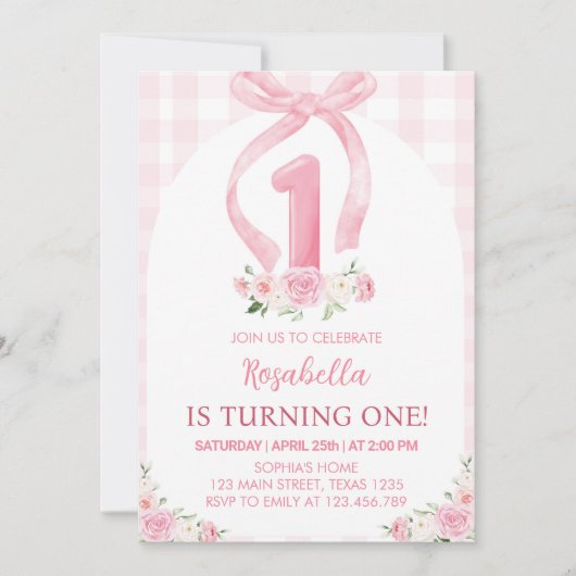 Roze Bow Waterverf Eerste Verjaardagsuitnodiging Kaart (Voorkant)