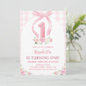 Roze Bow Waterverf Eerste Verjaardagsuitnodiging Kaart (Staand voorkant)