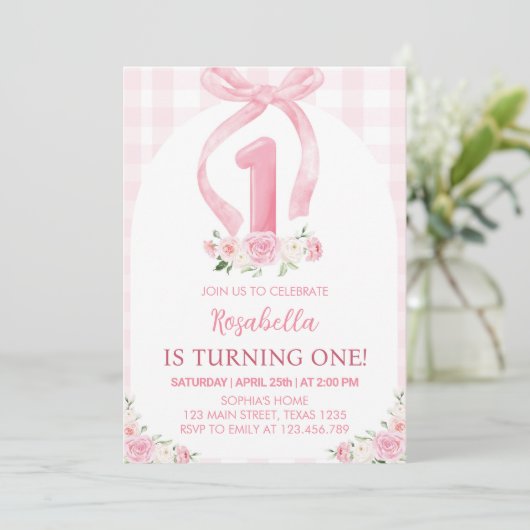 Roze Bow Waterverf Eerste Verjaardagsuitnodiging Kaart (Staand voorkant)
