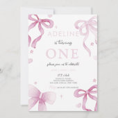 Roze Bow Waterverf Meisje 1e Verjaardagsfeest Kaart (Voorkant)