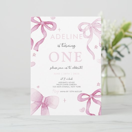 Roze Bow Waterverf Meisje 1e Verjaardagsfeest Kaart (Staand voorkant)