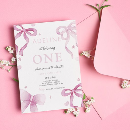 Roze Bow Waterverf Meisje 1e Verjaardagsfeest Kaart