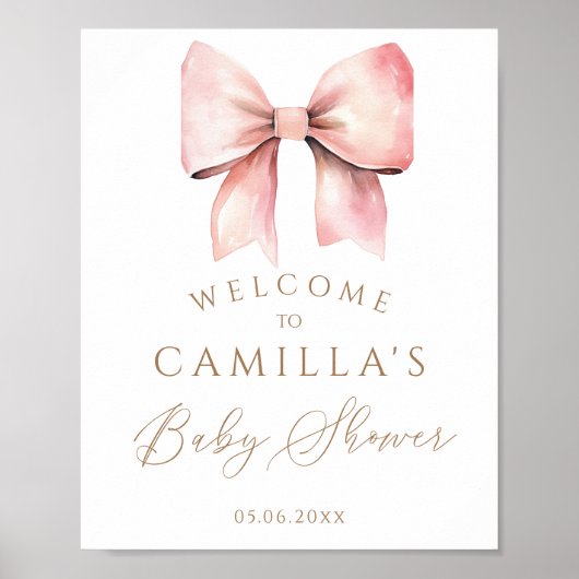Roze Bow Waterverf Meisje Baby shower Welkom Poster (Voorkant)