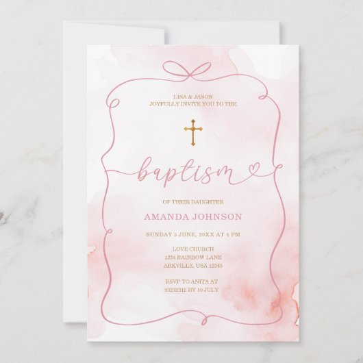 Roze Bow Waterverf Meisje Doop Doop Kaart (Voorkant)