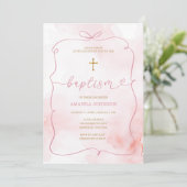 Roze Bow Waterverf Meisje Doop Doop Kaart (Staand voorkant)