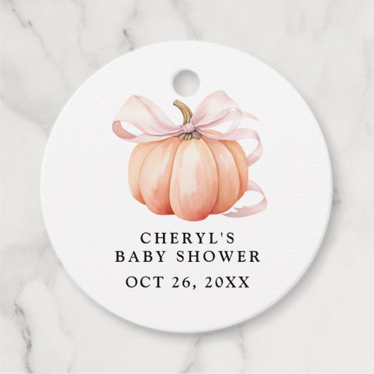 Roze Bow Waterverf Pompoen Baby shower Bedankjes Labels (Voorkant)