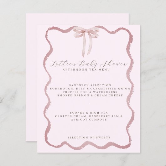 Roze Bow Wavy Border Meisje Baby shower Menu (Voorkant / Achterkant)