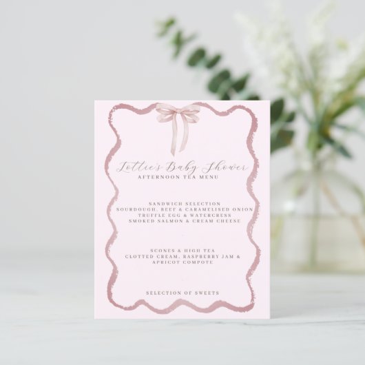 Roze Bow Wavy Border Meisje Baby shower Menu (Staand voorkant)
