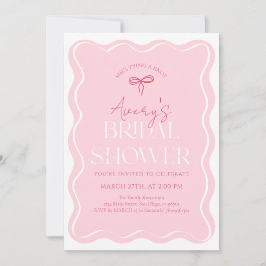 Roze Bow Wavy Lijst Modern Vrijgezellenfeest Kaart (Voorkant)