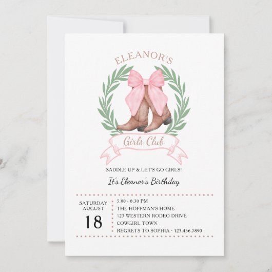 Roze Bow Western Cowgirl Boots Meisjes Club Verjaa Kaart (Voorkant)