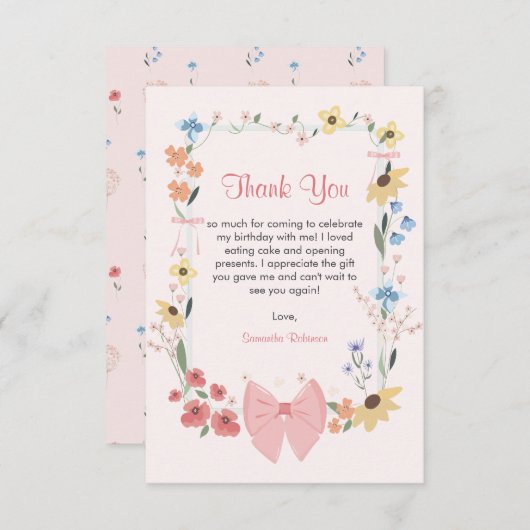 Roze Bow Wildflower 1e verjaardag Bedankkaart (Voorkant / Achterkant)