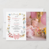 Roze Bow Wildflower 1e Verjaardag Foto Kaart (Voorkant)