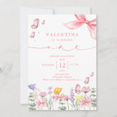 Roze Bow Wildflower 1e verjaardag Kaart (Voorkant)