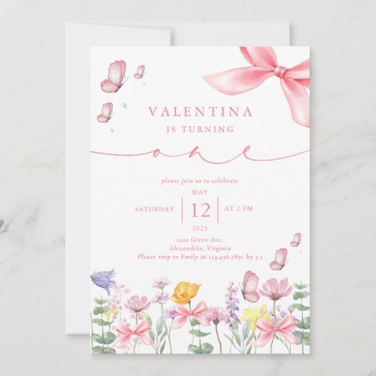 Roze Bow Wildflower 1e verjaardag Kaart (Voorkant)