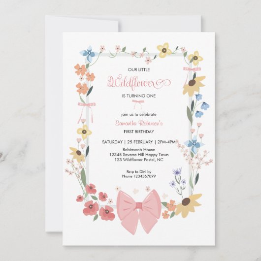 Roze Bow Wildflower 1e verjaardag Kaart (Voorkant)