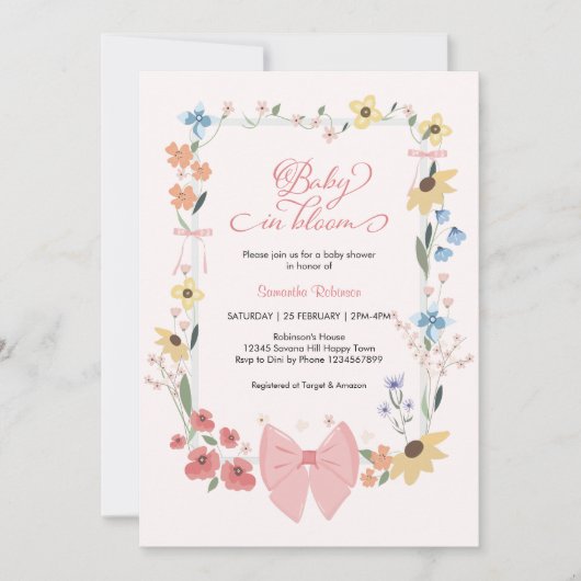 Roze Bow Wildflower Baby in Bloom Baby shower Kaart (Voorkant)