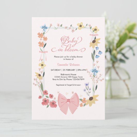 Roze Bow Wildflower Baby in Bloom Baby shower Kaart (Staand voorkant)