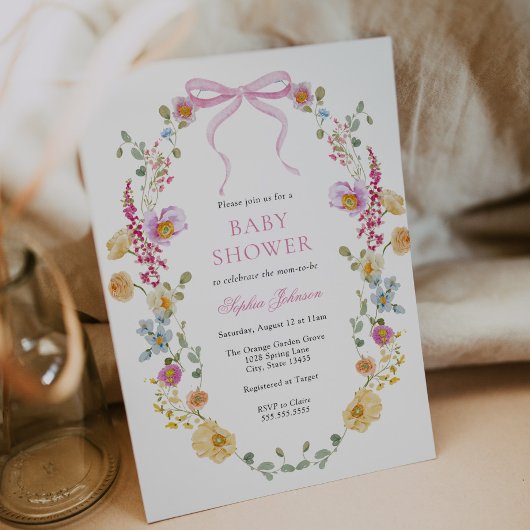  Roze Bow Wildflower Baby shower Kaart