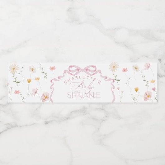 Roze Bow Wildflower Baby Sprinkle Waterfles Etiket (Enkel label)