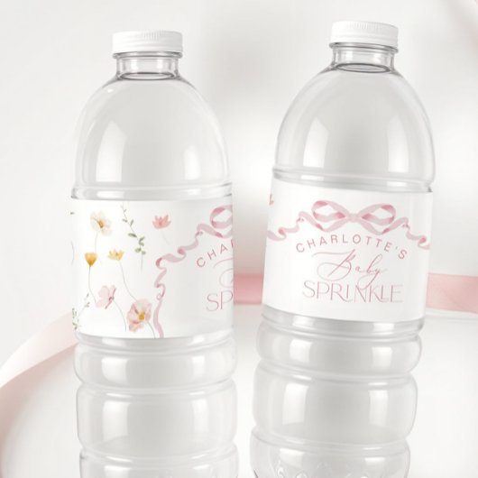 Roze Bow Wildflower Baby Sprinkle Waterfles Etiket