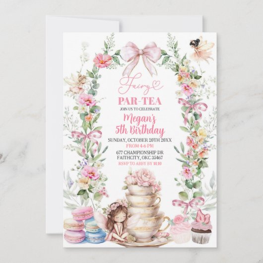 Roze Bow Wildflower Fairy Tea Party Verjaardag Kaart (Voorkant)