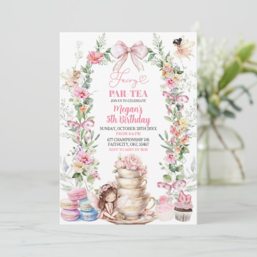 Roze Bow Wildflower Fairy Tea Party Verjaardag Kaart (Staand voorkant)