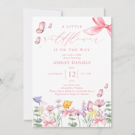 Roze Bow Wildflower Meisje Baby shower Kaart (Voorkant)