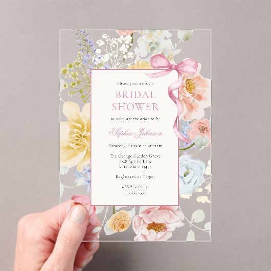  Roze Bow Wildflower Vrijgezellenfeest Acryl Uitnodigingen (Insitu (Draagbaar))