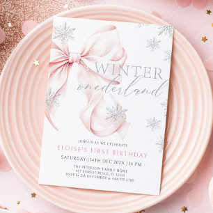 Roze Bow Winter Onederland Glitter 1e verjaardag Kaart