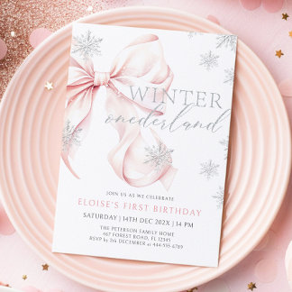 Roze Bow Winter Onederland Glitter 1e verjaardag Kaart