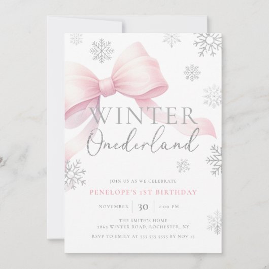 Roze Bow Winter Onederland Sneeuwvlok 1e verjaarda Kaart (Voorkant)