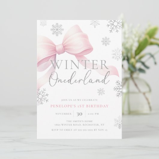 Roze Bow Winter Onederland Sneeuwvlok 1e verjaarda Kaart (Staand voorkant)