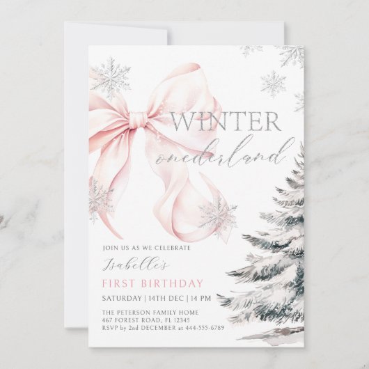 Roze Bow Winter Onerderland Meisje 1e verjaardag Kaart (Voorkant)