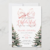 Roze Bow Winter Onerderland Meisje 1e verjaardag Kaart (Voorkant)