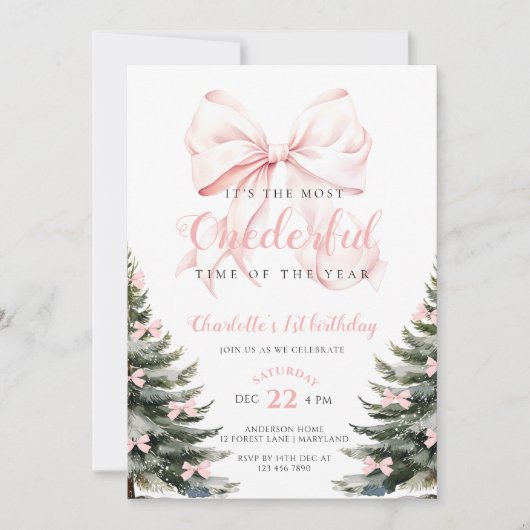 Roze Bow Winter Onerderland Meisje 1e verjaardag Kaart (Voorkant)