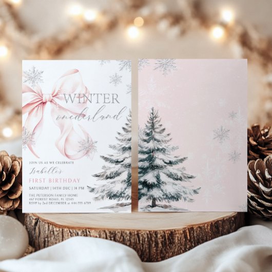 Roze Bow Winter Onerderland Meisje 1e verjaardag Kaart