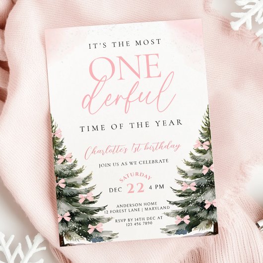 Roze Bow Winter Onerderland Meisje 1e verjaardag Kaart